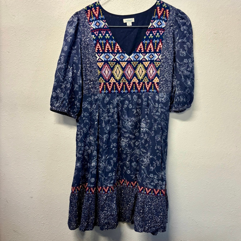 Women's Large Sundance Blue Floral Aztec Embroidered Dress Modal cotton blend
